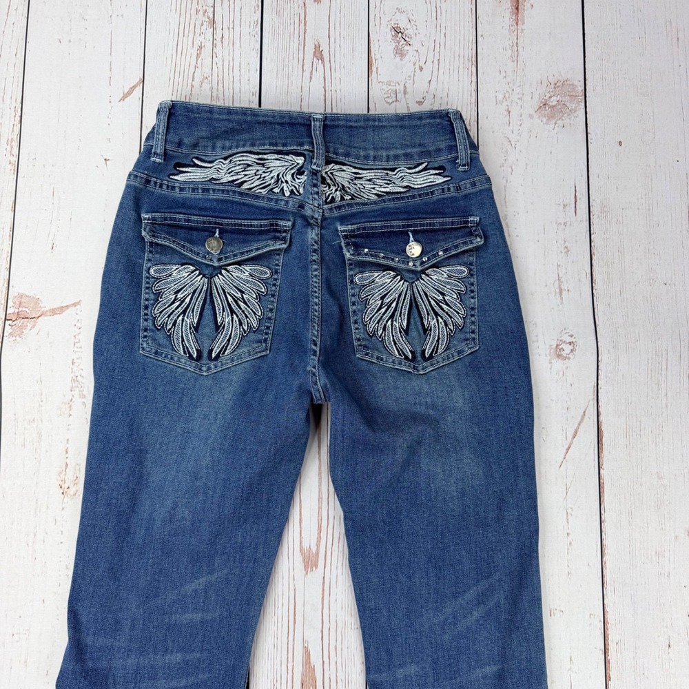 Between Us Angel Wing Embroidered Flare Jeans Medium Wash Blue Denim Size 9